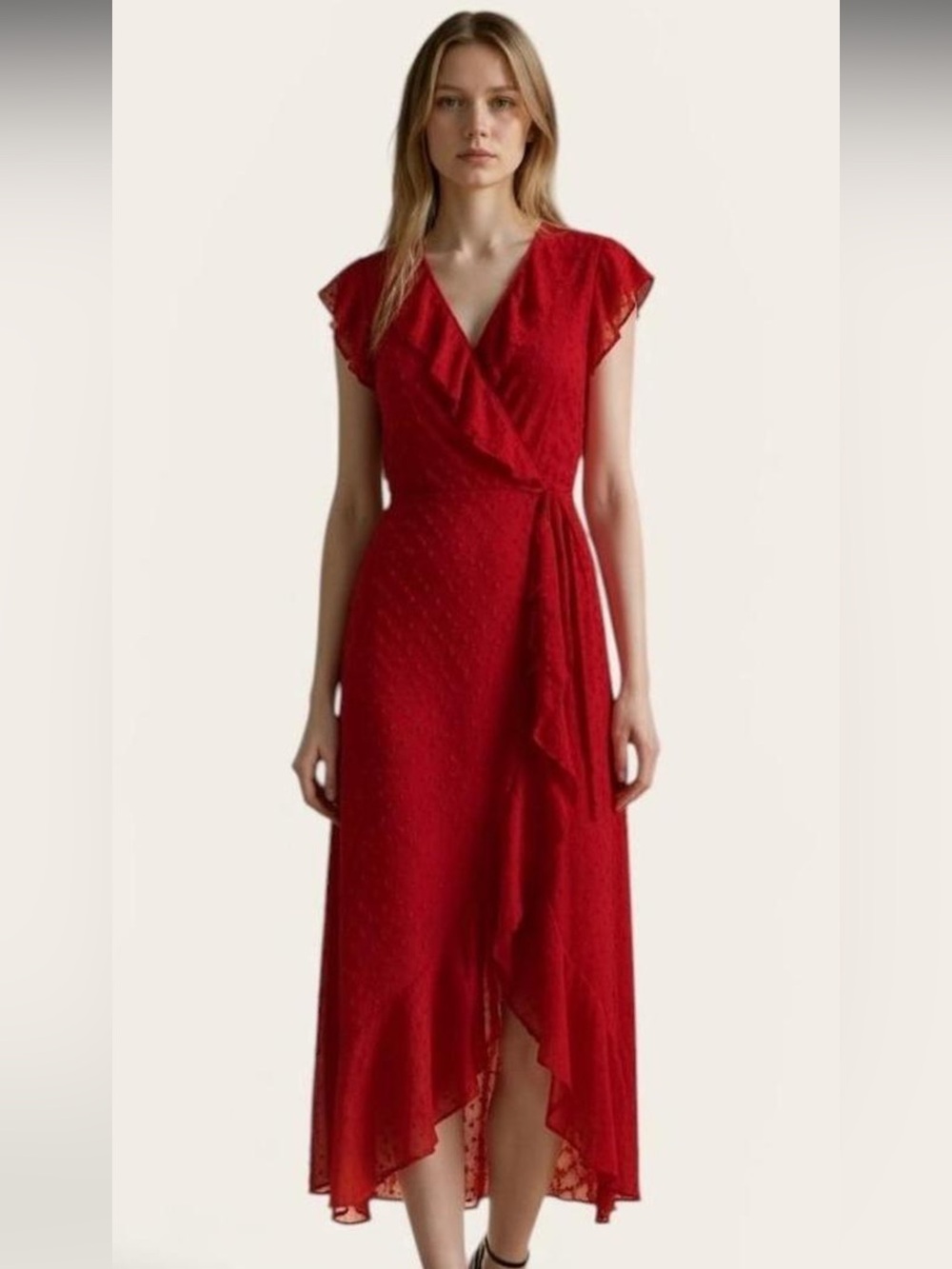 Monteau Red Faux Wrap High-Low Swiss Dot Midi Dress M/L